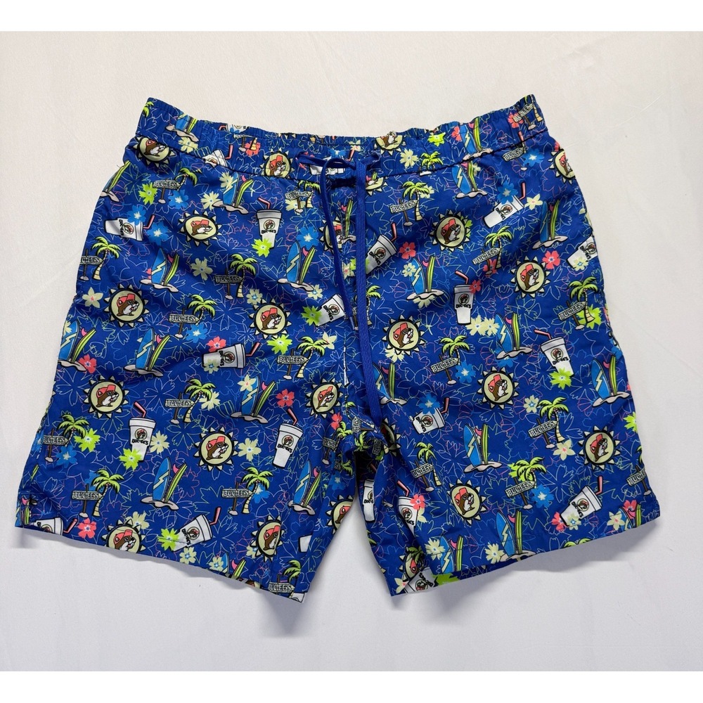 Buc-ee's Swim Trunks Shorts Mens Medium Blue Tropical Palm Tree Print Drawstring